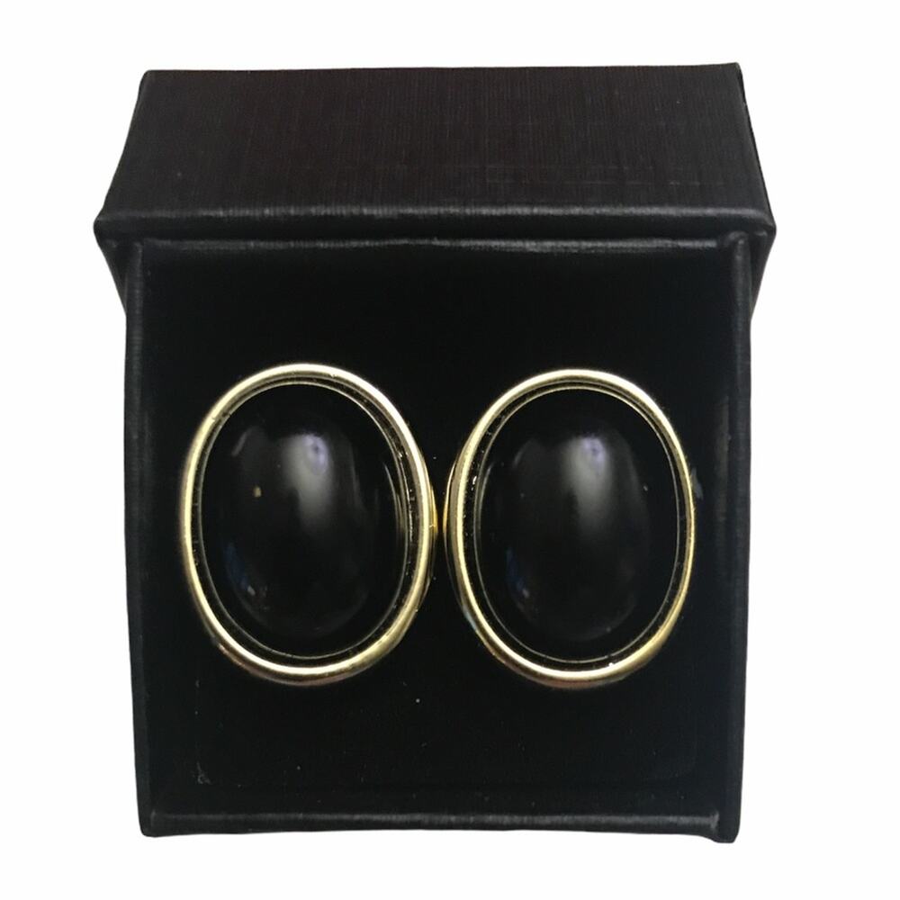 Vintage Stud Earrings Black Oval Gold Halo Trim